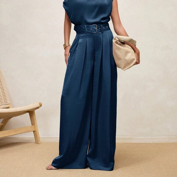 Blue Casual Women's High-Waisted Satin Pleated Wide Leg Elegant Long Pants - Picture 4 of 6